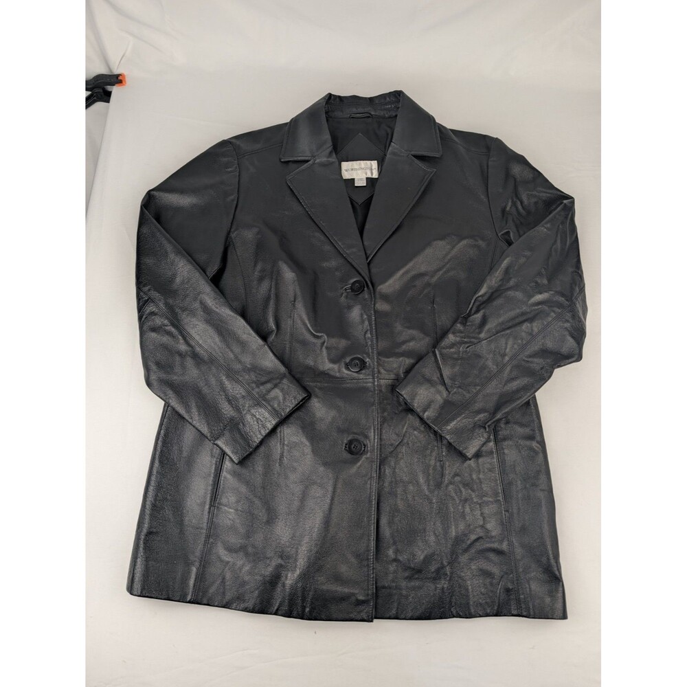 Worthington Women's XL Black Genuine Leather Long Coat Button Front Vintage